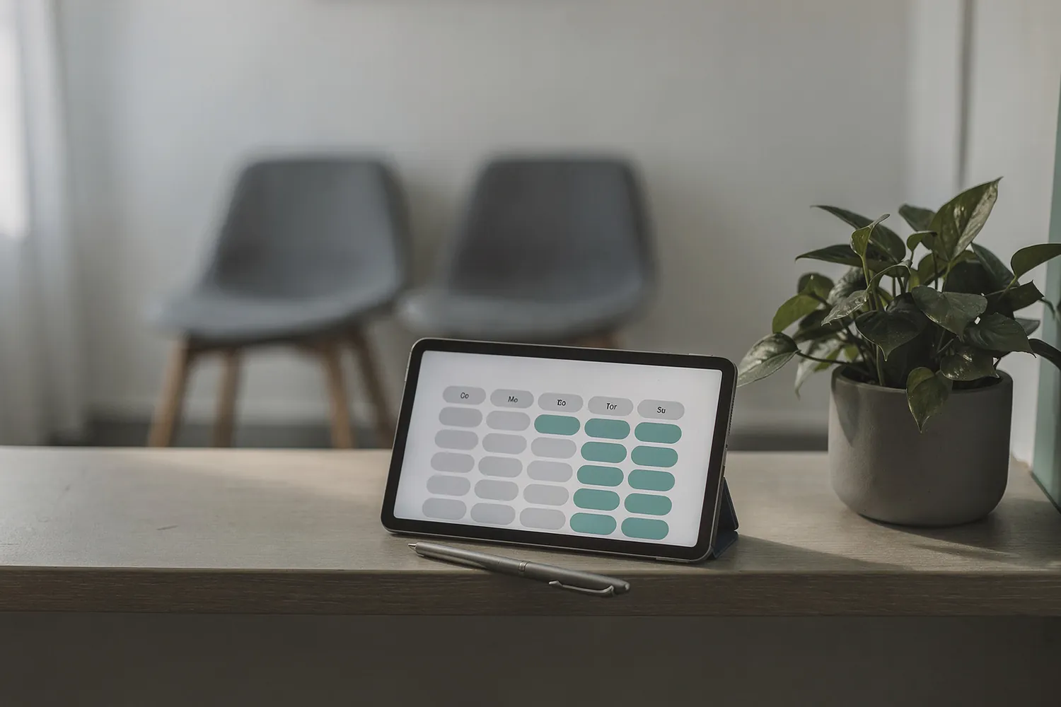 Recepcija male poliklinike s dnevnim rasporedom na tabletu.