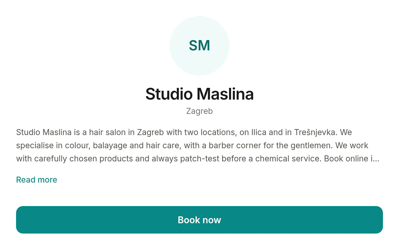 Studio Maslina's public booking page with its logo, locations and services.