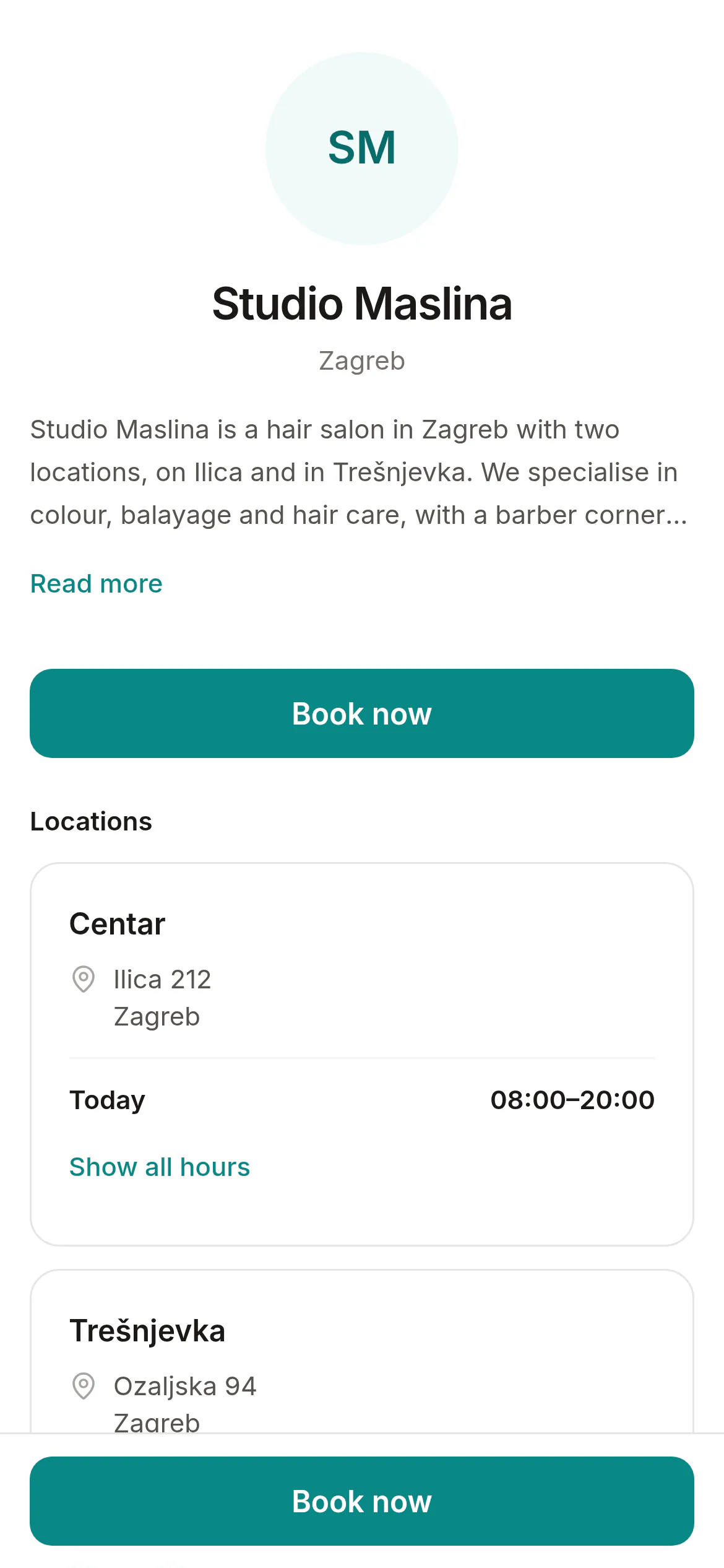 Studio Maslina's booking page on a phone, listing services and prices.