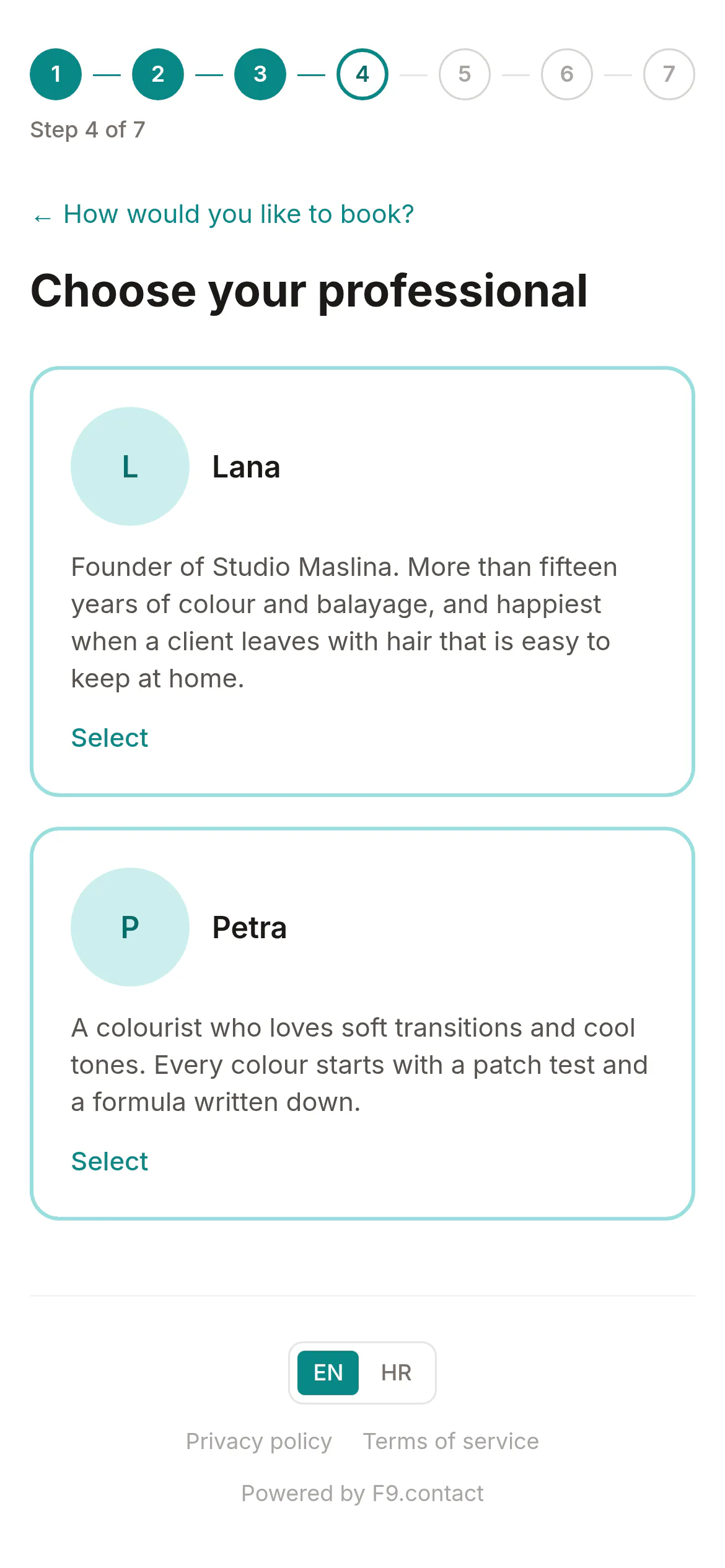 Choosing a stylist from photos and short bios.