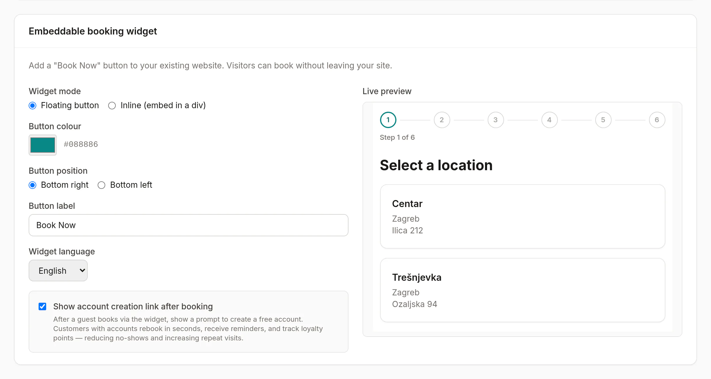 The booking-widget settings: button style, language and a live preview of the Book now button.