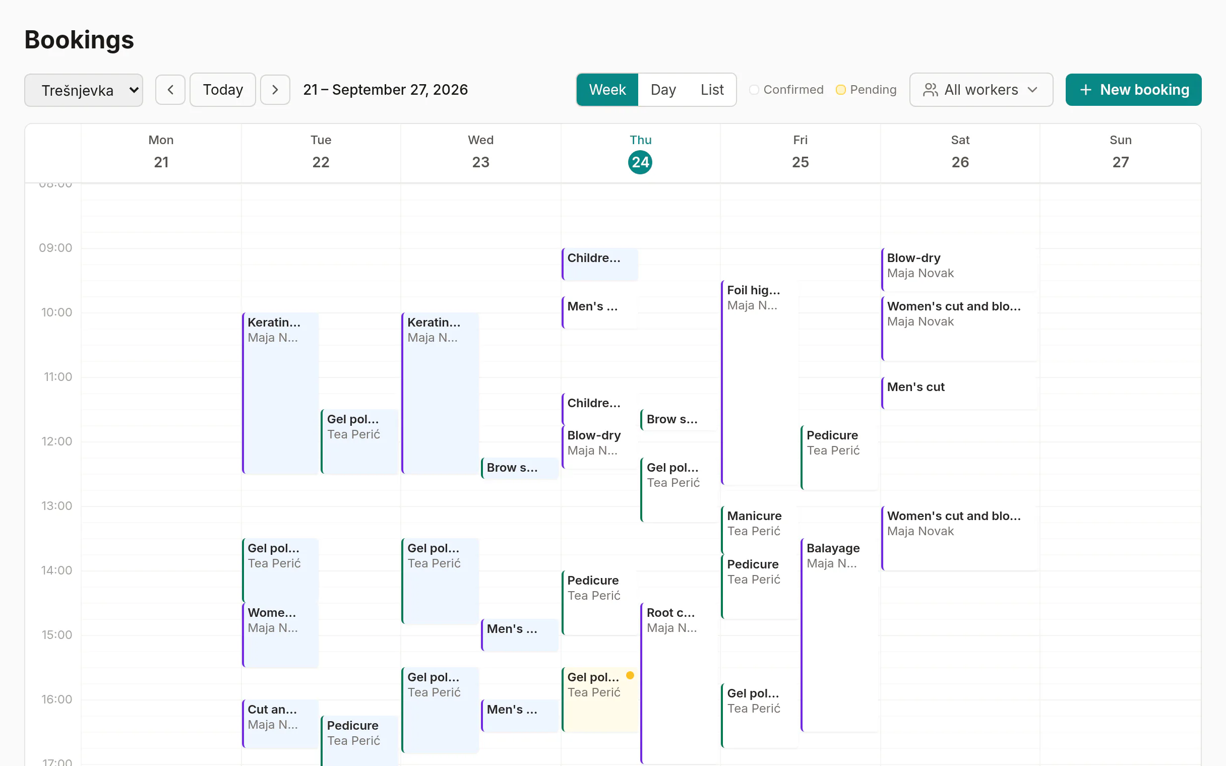 Studio Maslina's week in the F9 calendar, with colour-coded appointments for each stylist.