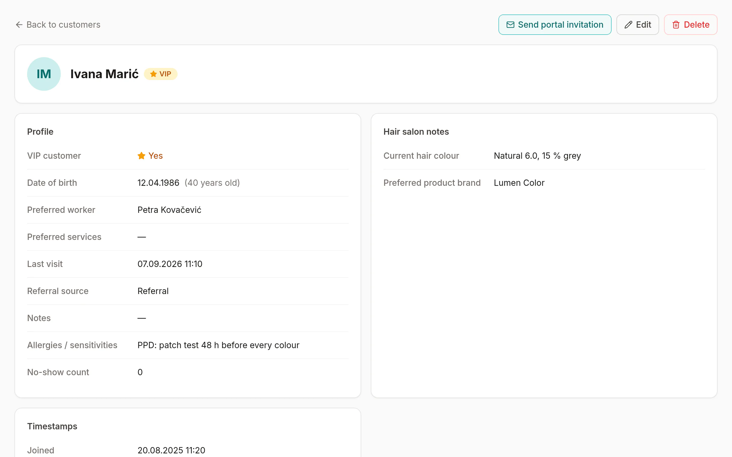 A client card with visit history, notes and preferences.