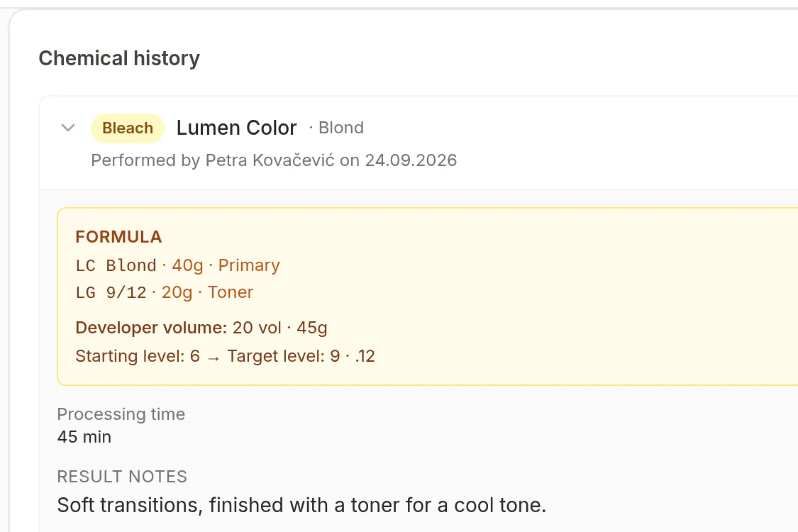 A colour formula with shades, grams and developer.