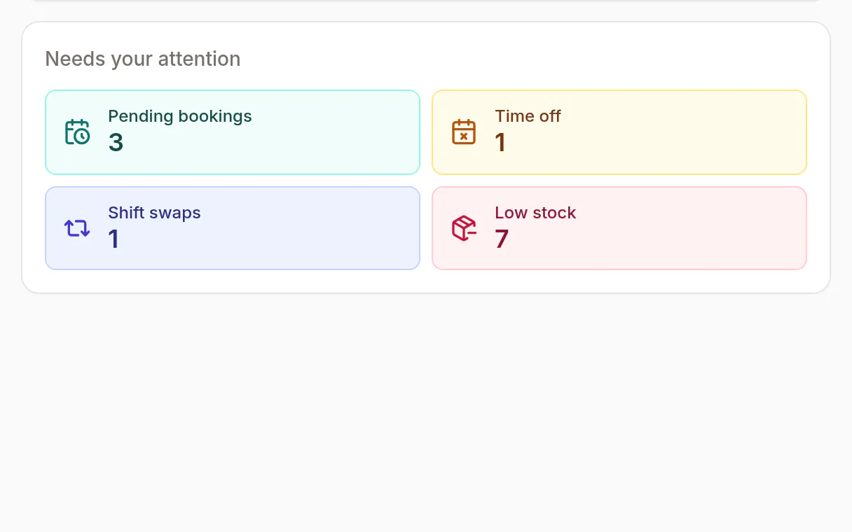 Bookings and time-off requests waiting for approval.