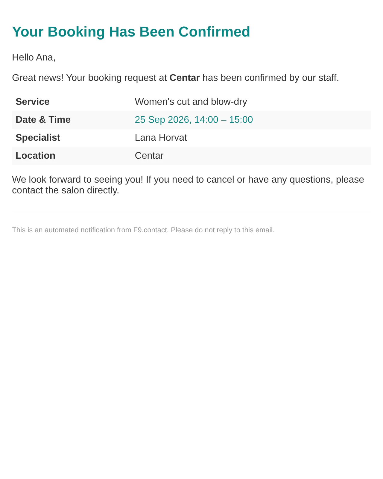 A booking confirmation email from Studio Maslina.