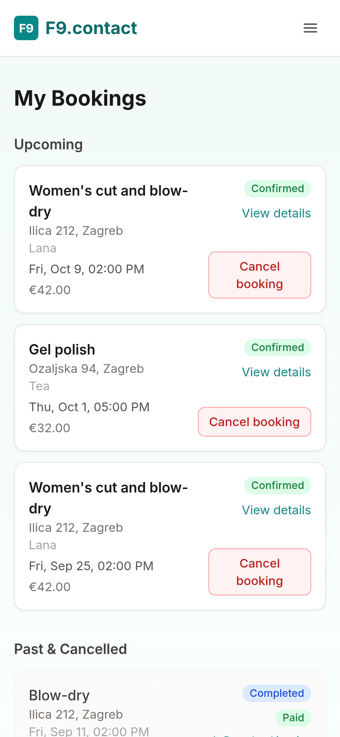 A client's upcoming and past bookings in the portal.