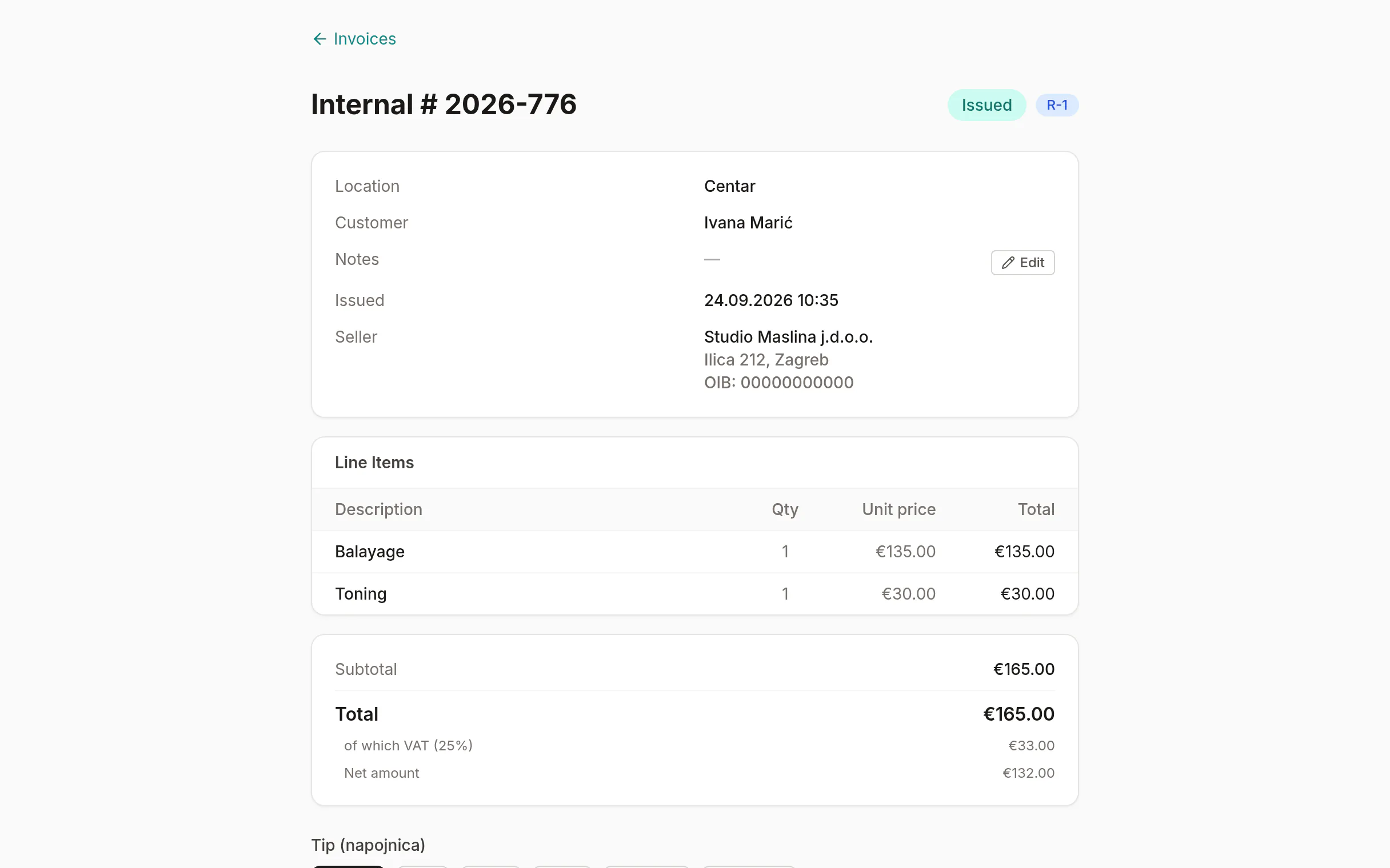 Checkout with services and a product on one bill, and tip and payment options.