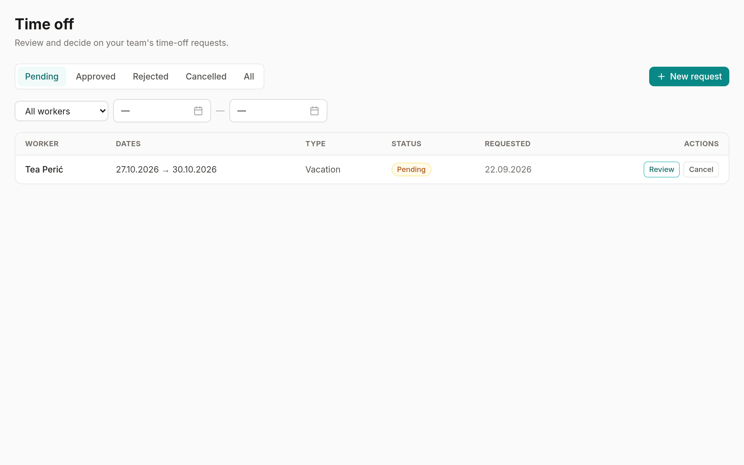 A pending holiday request waiting for approval.