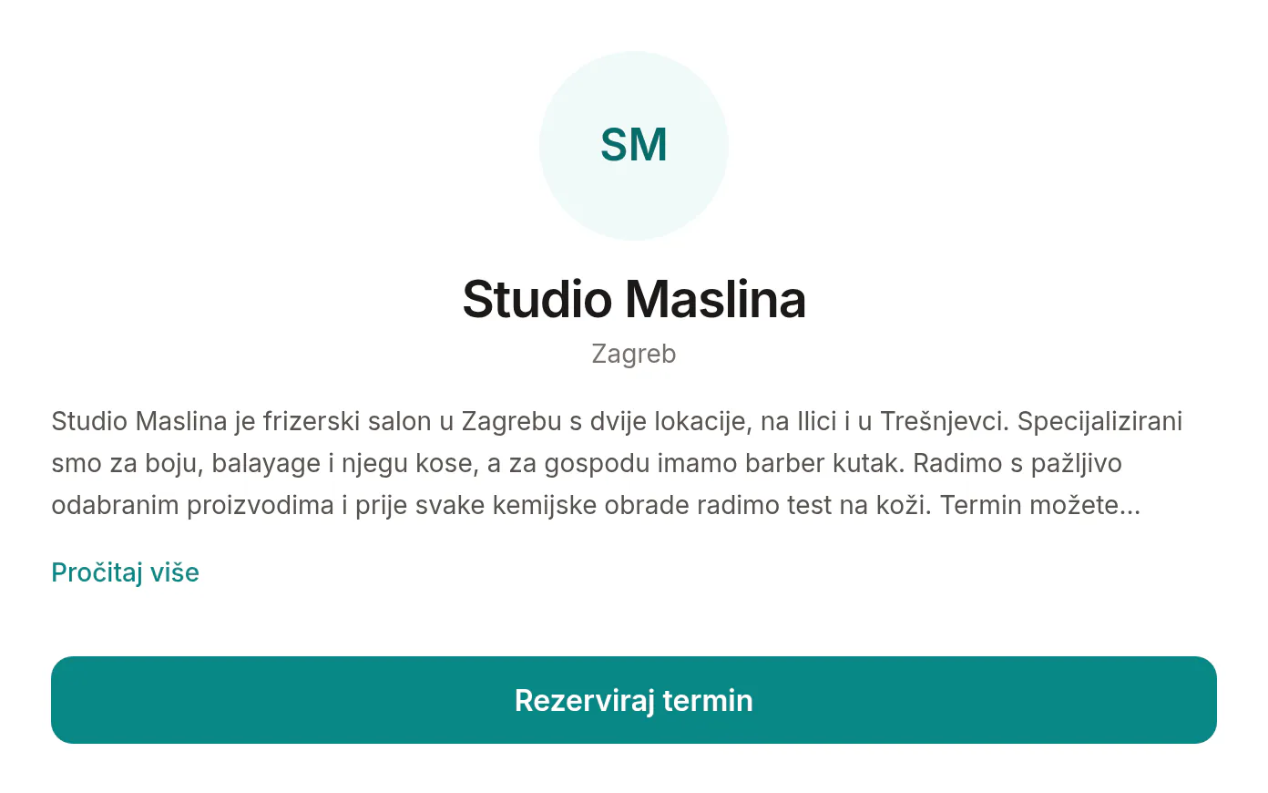 Javna stranica za rezervacije Studija Maslina s logotipom, lokacijama i uslugama.