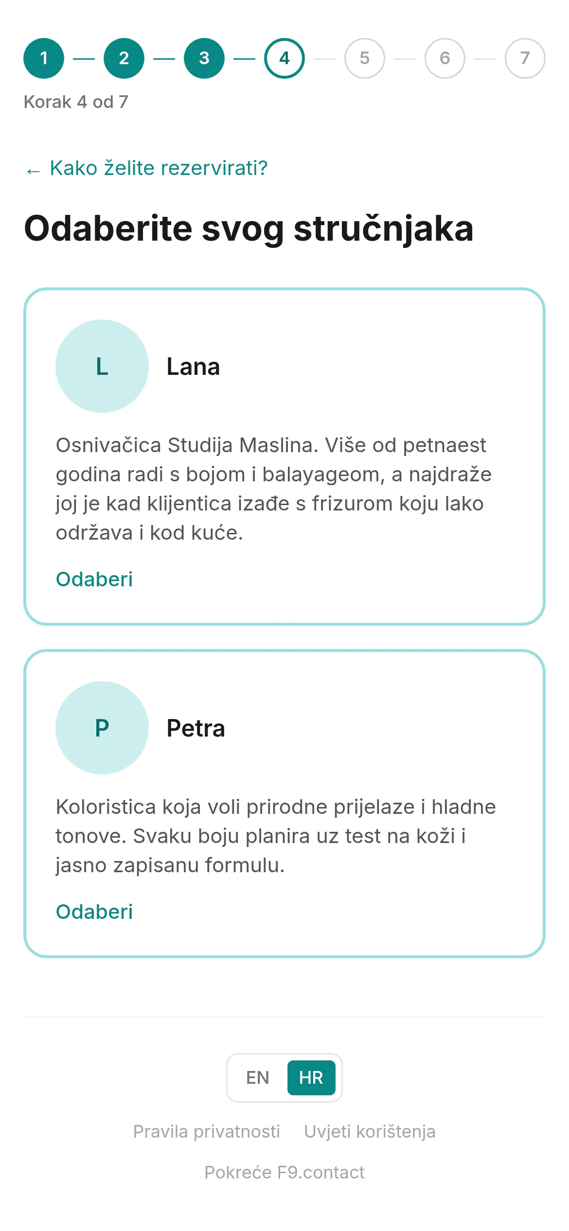 Odabir stilista prema fotografijama i kratkim opisima.