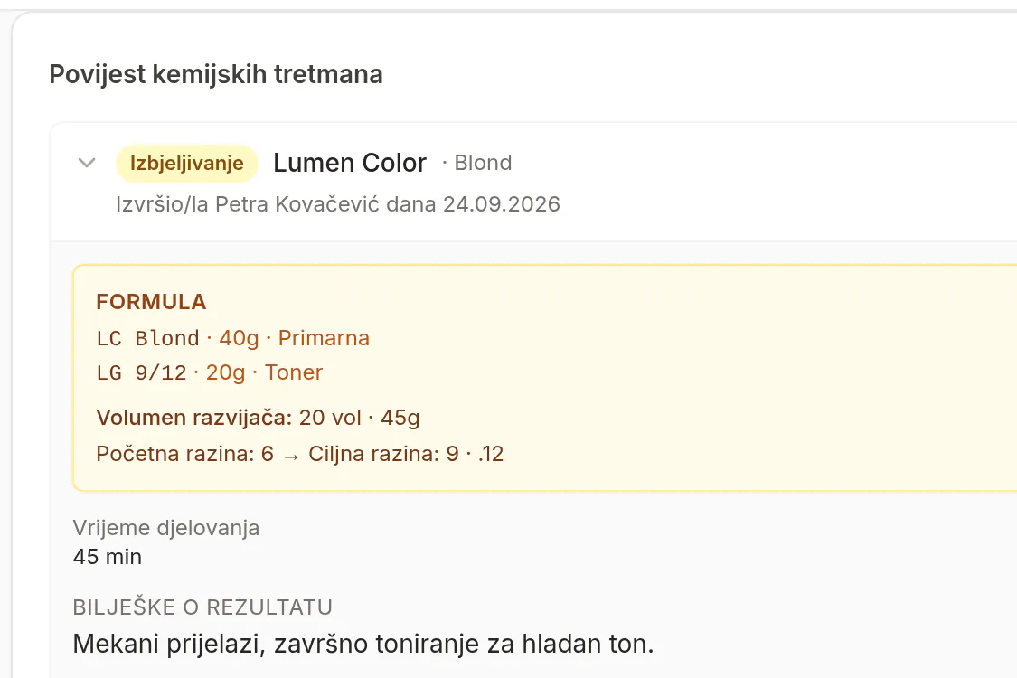 Formula boje s nijansama, gramima i razvijačem.