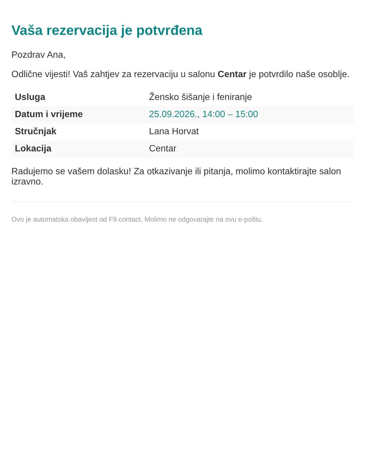 Potvrda rezervacije koju Studio Maslina šalje e-poštom.