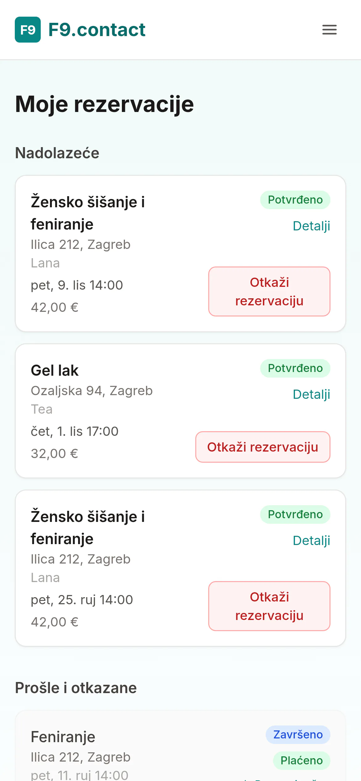 Nadolazeće i prošle rezervacije klijenta u portalu.